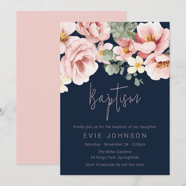 Invitation Aquarelle Dusty Rose Baptême Belle Marine Bleu (Devant / Derrière)