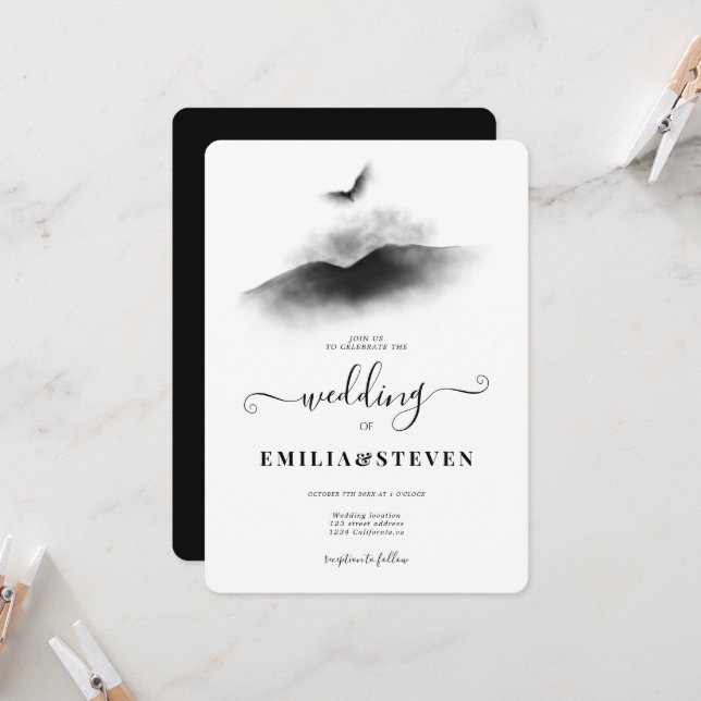 Invitation Aquarelle Eagle Mountains Black White Mariage (Devant/Arrière en situation)