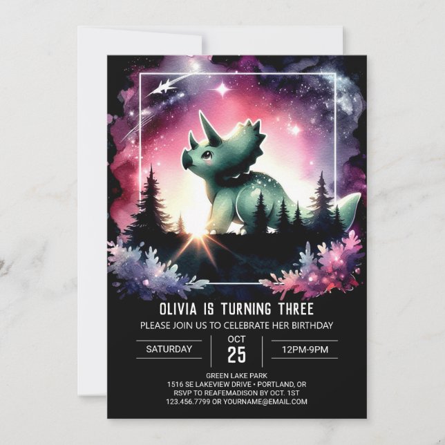 Invitation Aquarelle Élégance Tricératops Anniversaire (Devant)