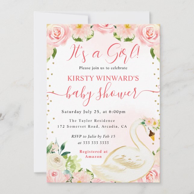 Invitation Aquarelle Élégant Baby shower de cygne floral (Devant)