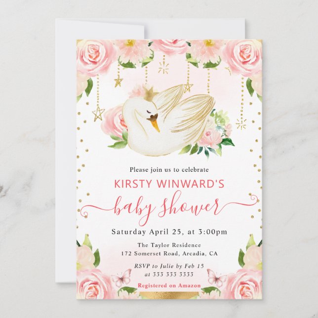 Invitation Aquarelle Élégant Baby shower de cygne floral (Devant)