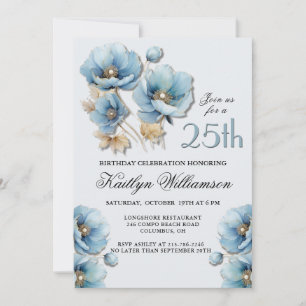 Invitation Aquarelle Élégant Bleu Or Floral 25e Anniversaire