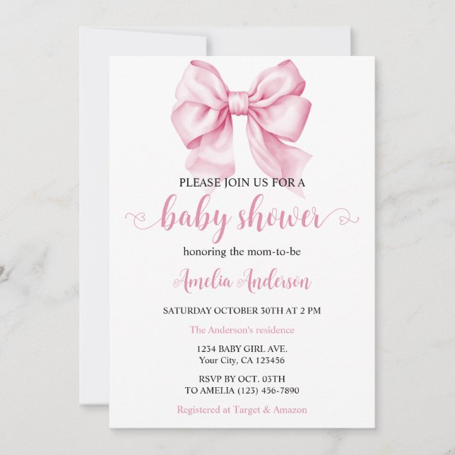 Invitation Aquarelle Elegant Bow Baby shower Coquette rose (Devant)