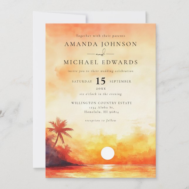 Invitation Aquarelle Elegant Orange Beach Sunset Mariage (Devant)