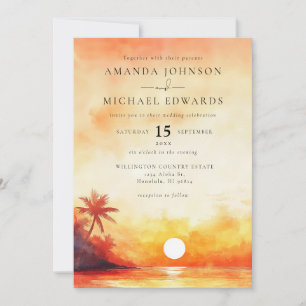 Invitation Aquarelle Elegant Orange Beach Sunset Mariage