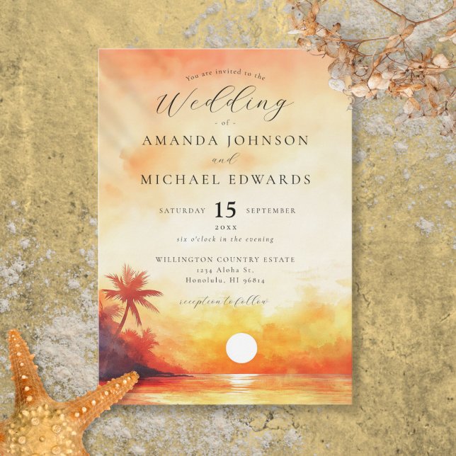Invitation Aquarelle Elegant Orange Beach Sunset Mariage (Watercolor Elegant Orange Beach Sunset Wedding Invitation)