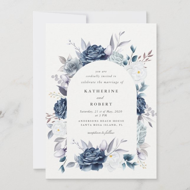 Invitation aquarelle élégante bleu foncé mariage (Devant)
