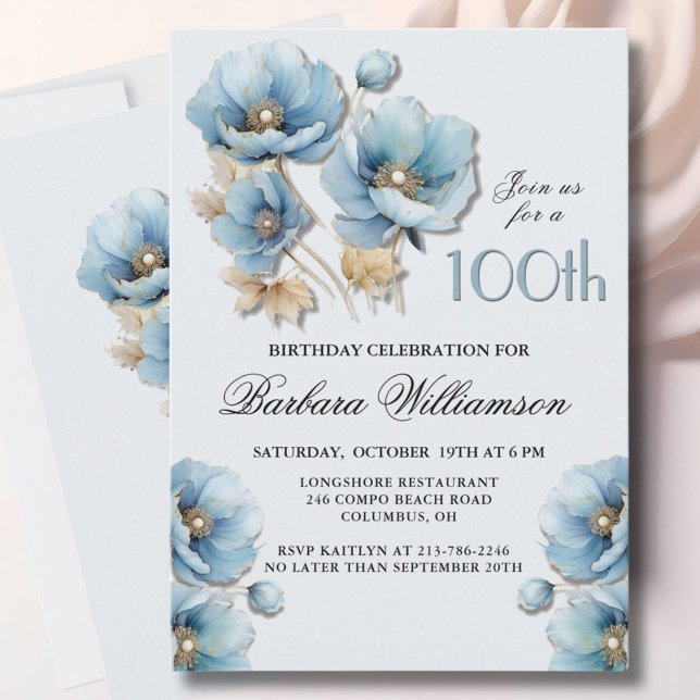 Invitation Aquarelle Elégante Blue Gold Floral 100e anniversa (Créateur téléchargé)
