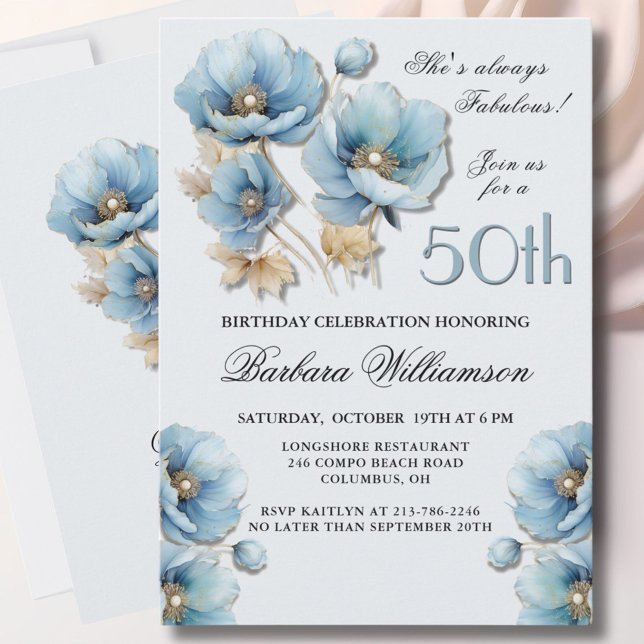 Invitation Aquarelle Elégante Blue Gold Floral 50e anniversai (Créateur téléchargé)
