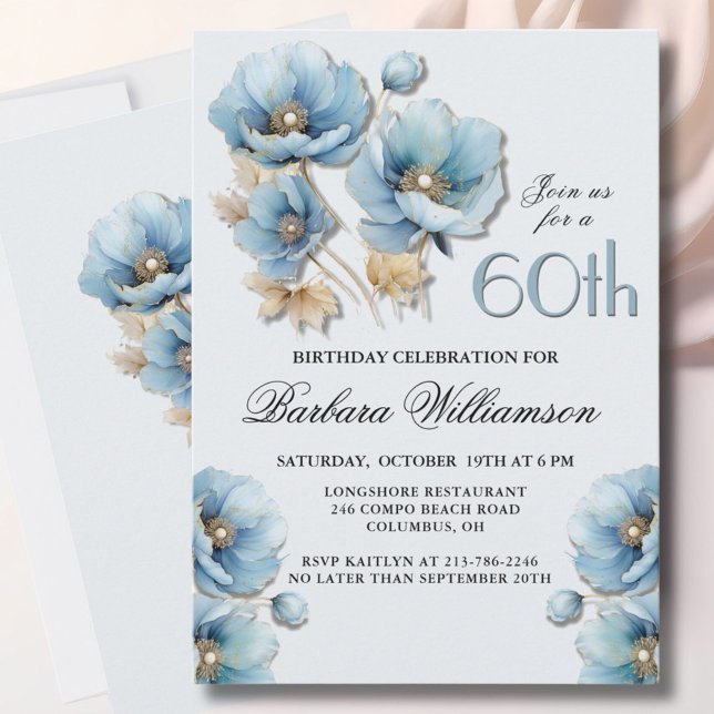Invitation Aquarelle Elégante Blue Gold Floral 60e anniversai (Créateur téléchargé)