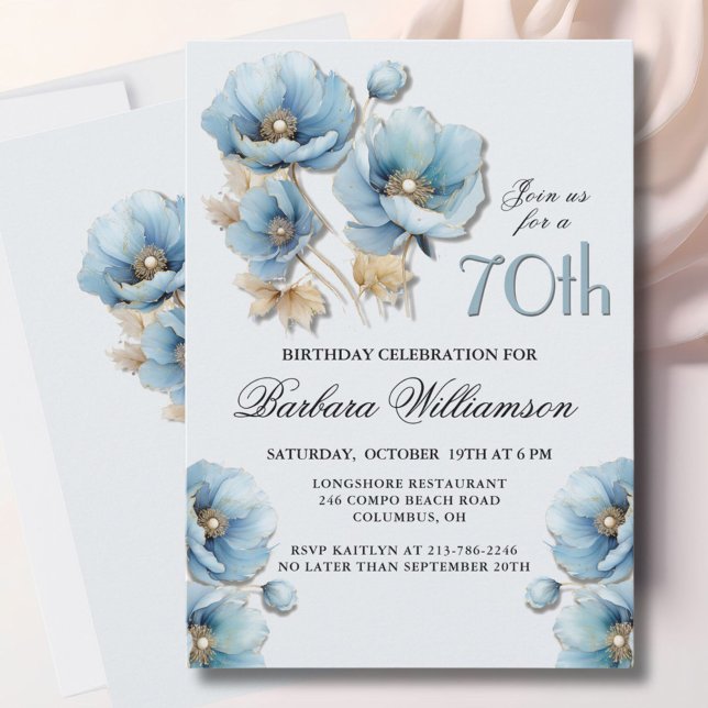 Invitation Aquarelle Elégante Blue Gold Floral 70e anniversai (Créateur téléchargé)