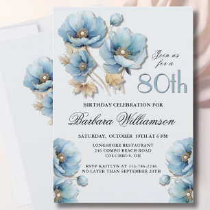 Invitation Aquarelle Elégante Blue Gold Floral 80e anniversai