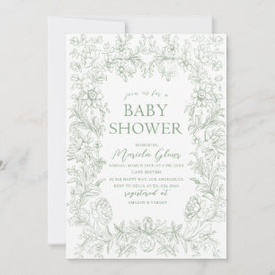Invitation Aquarelle élégante chinoiserie florale verte Baby