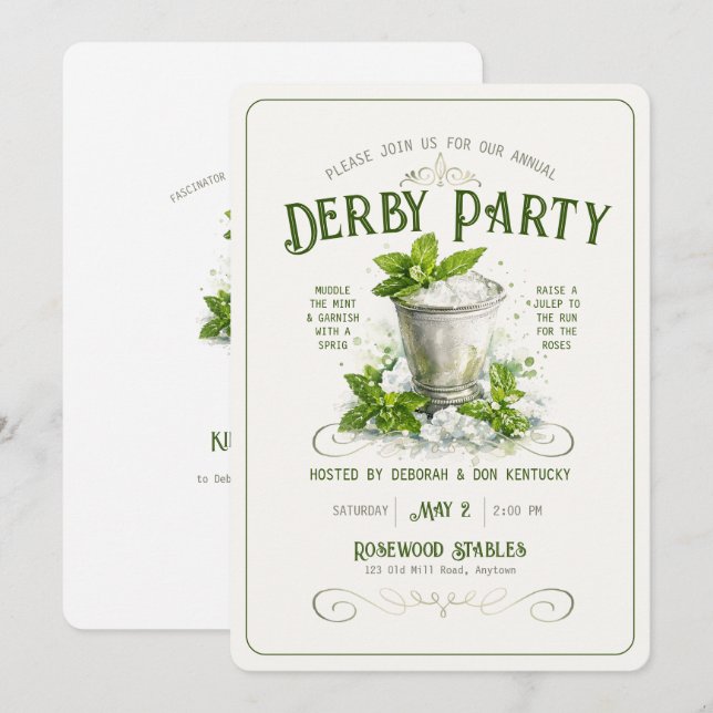 Invitation Aquarelle élégante de party Modern Derby pour Mint (Devant / Derrière)