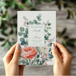 Invitation Aquarelle élégante de pivoine corail et d'eucalypt