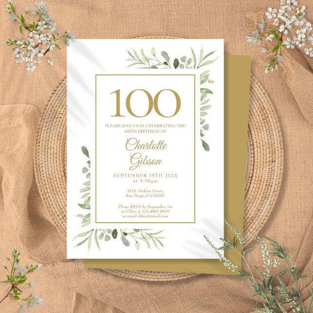Invitation Aquarelle élégante de verdure dorée pour 100e anni (Elegant Gold Watercolor Greenery 100th Birthday Invitation)