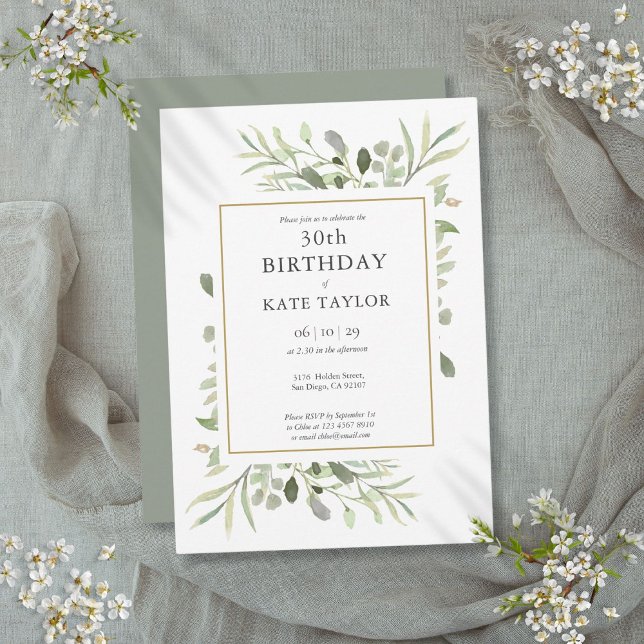 Invitation Aquarelle élégante de verdure dorée pour 30e anniv (Elegant Gold Watercolour Greenery 30th Birthday Invitation)