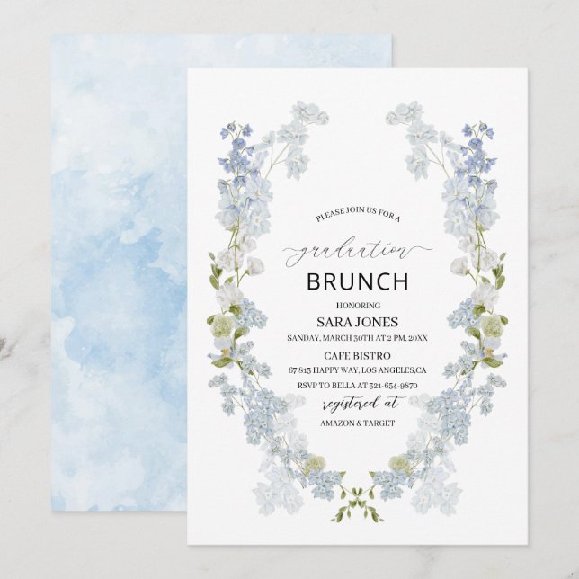 Invitation Aquarelle Élégante fleurs bleues graduation Brunch (Devant / Derrière)