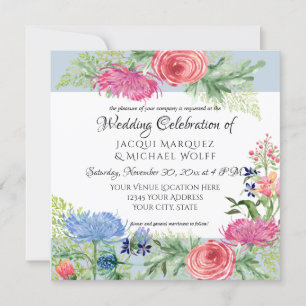 Invitation Aquarelle Elégante Flore Bleu et Feuille de foune