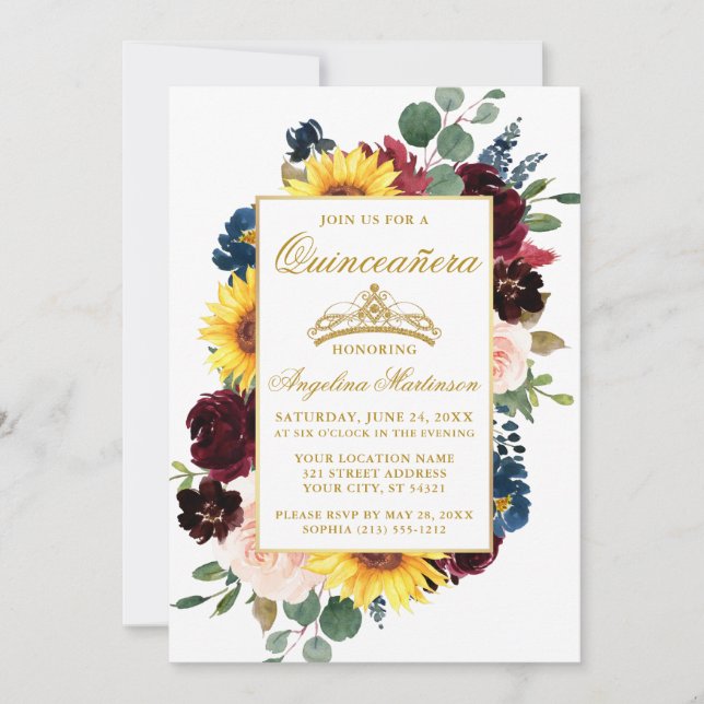 Invitation Aquarelle élégante Mélange Floral Quinceanera Or (Devant)