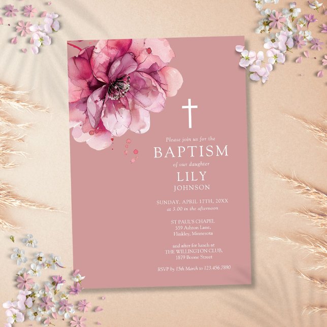 Invitation Aquarelle Élégante Rose Dusty Baptême Floral (Dusty Rose Elegant Watercolor Floral Baptism Invitation)
