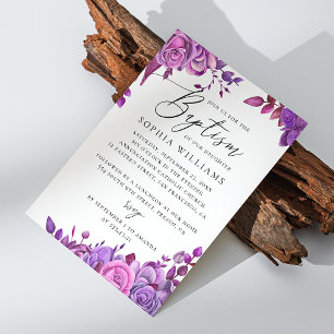 Invitation Aquarelle élégante violet rose floral baptême