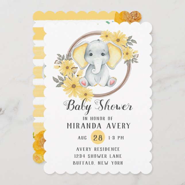 Invitation Aquarelle Elephant Avec Baby shower Jaune (Devant / Derrière)