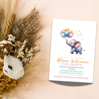 Invitation Aquarelle Eléphant Baby shower avec ballons