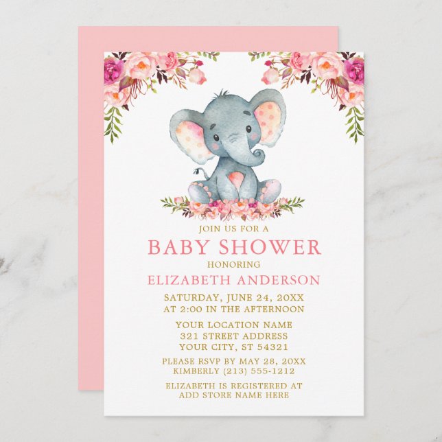 Invitation Aquarelle Eléphant Baby shower rose Floral Or (Devant / Derrière)