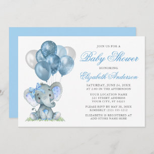Invitation Aquarelle Eléphant Ballons de fond Baby shower Ble