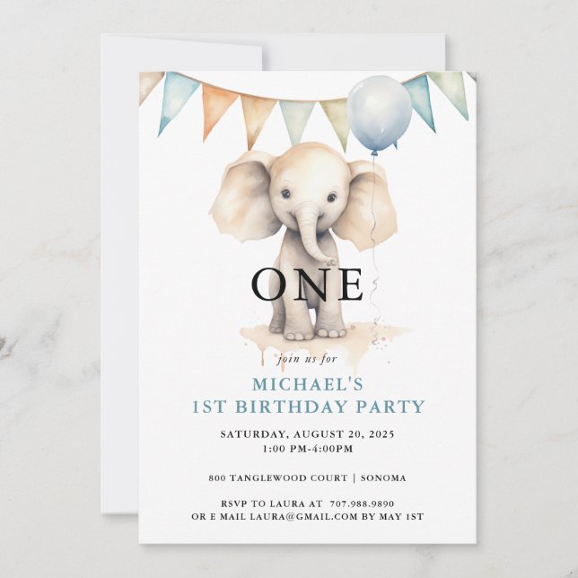 Invitation Aquarelle Elephant Bleu 1er anniversaire (Devant)