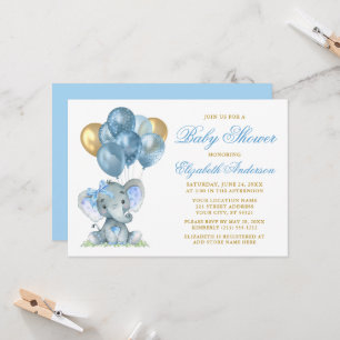 Invitation Aquarelle Eléphant Bow Balloons douche Bleu Or