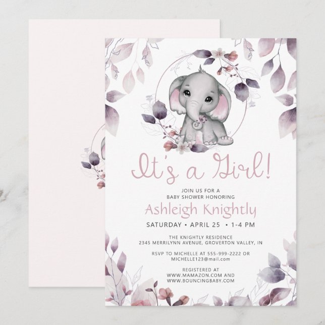 Invitation Aquarelle Eléphant Cute Baby shower fille (Devant / Derrière)
