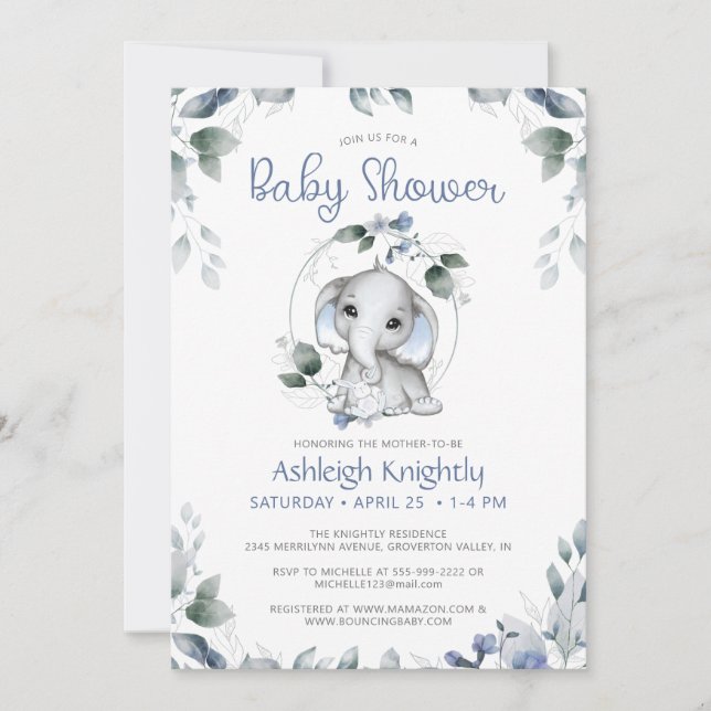 Invitation Aquarelle Eléphant Cute Baby shower vert (Devant)