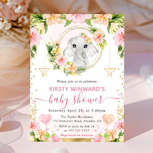 Invitation Aquarelle Éléphant de la Jungle Rose Baby Shower M