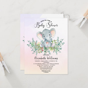 Invitation Aquarelle Eléphant Floral Eucalyptus Baby shower