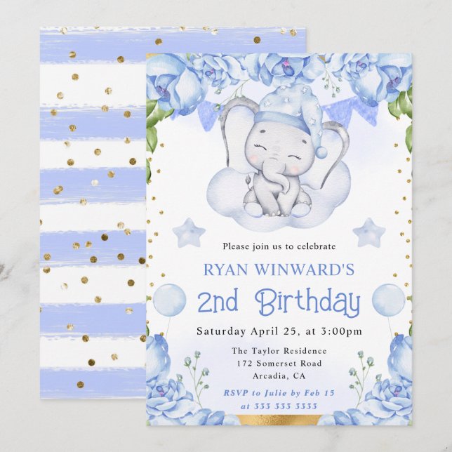 Invitation Aquarelle Eléphant mignon et Rose bleu Anniversair (Devant / Derrière)
