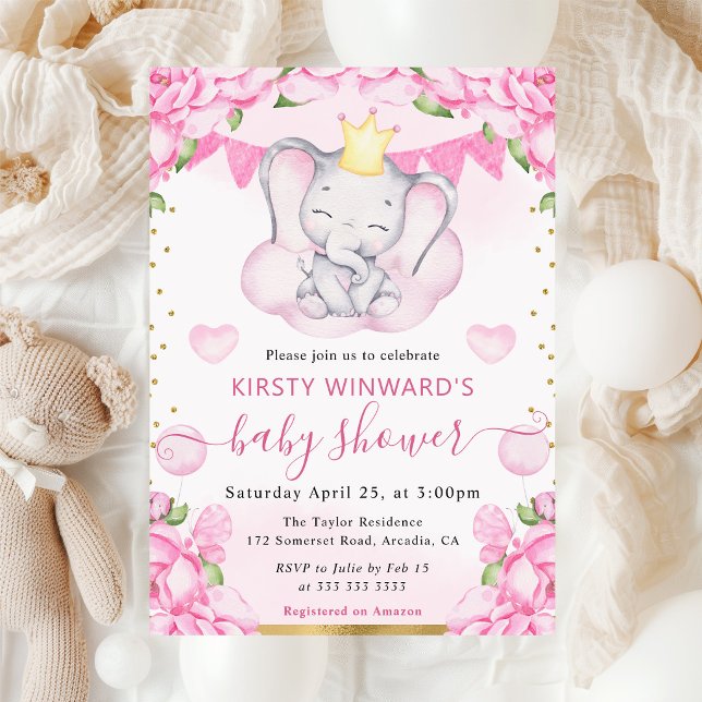 Invitation Aquarelle Éléphant Mignon & Roses Roses Bébé Showe (Créateur téléchargé)
