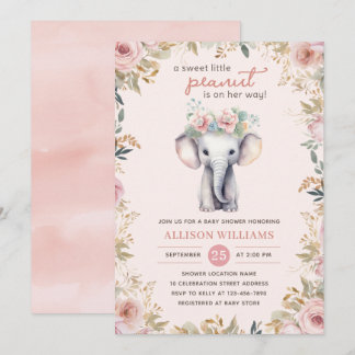 Invitation Aquarelle Eléphant mignonne Baby shower Floral Gir