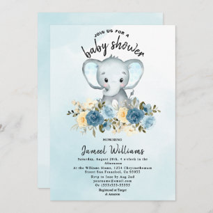 Invitation Aquarelle Elephant Rose Baby shower bleu jaune 