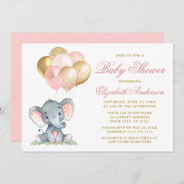 Invitation Aquarelle Elephant rose or Baby shower Ballons (Devant / Derrière)