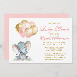 Invitation Aquarelle Elephant rose or Baby shower Ballons