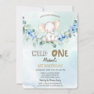 Invitation Aquarelle Elephant Roses Feuilles 1er