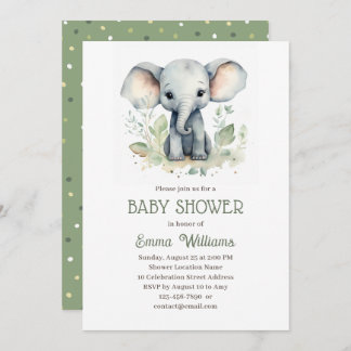 Invitation Aquarelle Eléphant Sexe Baby shower neutre
