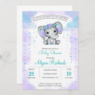 Invitation aquarelle éléphante fille Baby shower floral