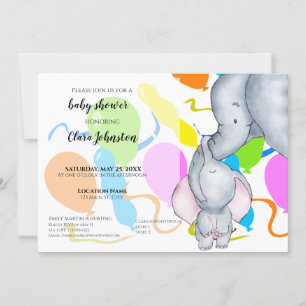 Invitation Aquarelle Eléphants, Ballons Baby shower Unisex