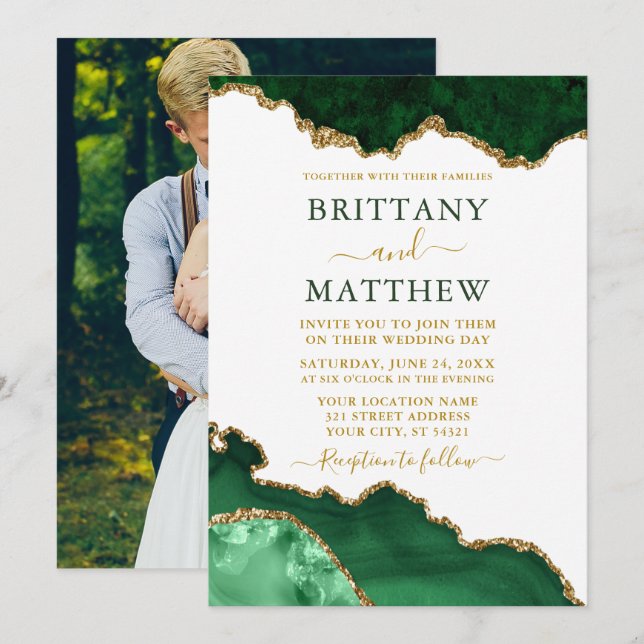 Invitation Aquarelle Emerald Green Marble Gold Mariage photo (Devant / Derrière)
