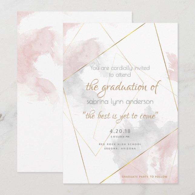 Invitation Aquarelle en argent Rose brillant Graduation géomé (Devant / Derrière)