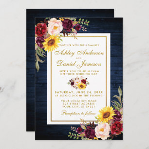 Invitation Aquarelle en bois bleu rustique Mariage or Floral
