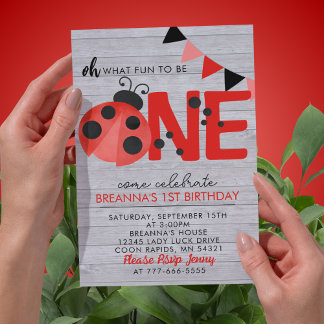 Invitation Aquarelle en bois doux Ladybug 1er fête d'annivers